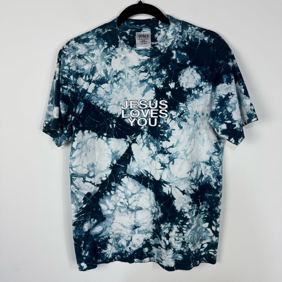 Shaka Wear Tie Dye Jesus Loves You Christian T-Shirt Top Blue Ice Dye - Picture 1 of 5